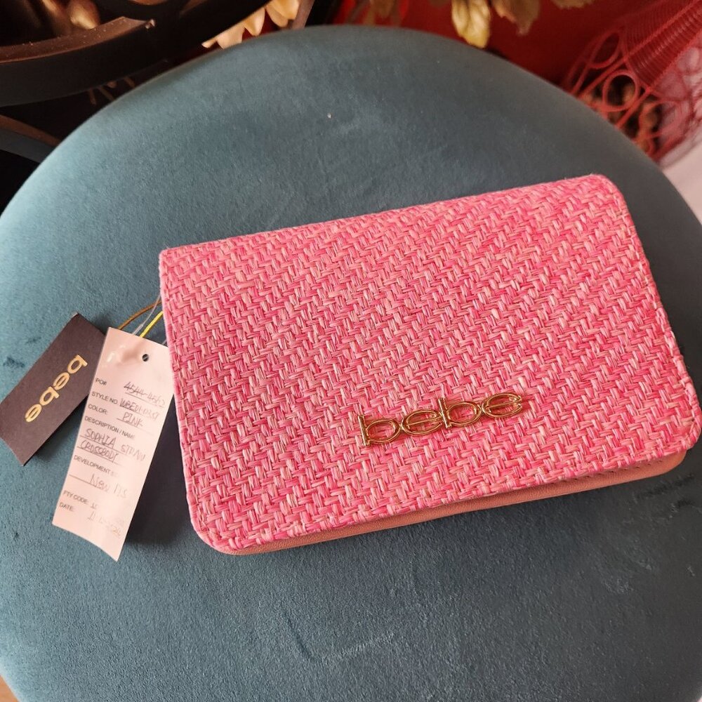 Share BEBE ~ Sophia Crossbody Pink STRAW Bag Chain Style Strap ~ NEW ~ One-of-a-